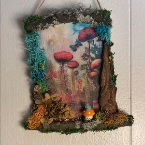 Colorful Mushroom Art Wall Hanging handcrafted border moss dried flowers